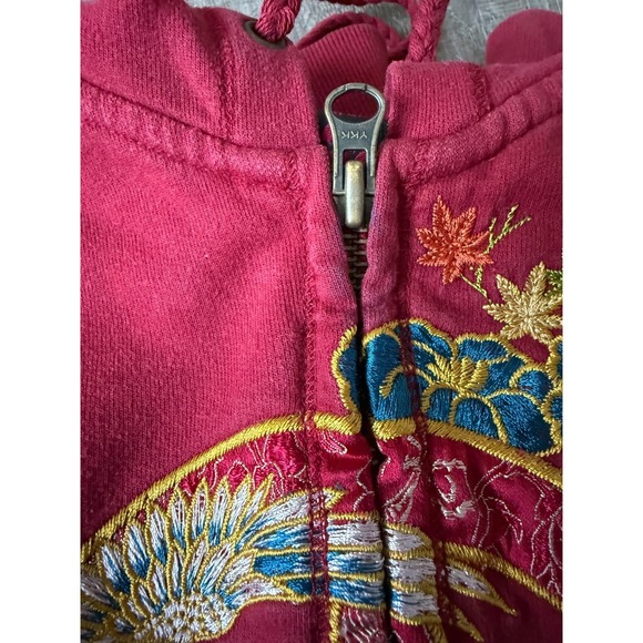 Lucky Brand Embroidered Zip Hoodie Asian Art Bird Floral Graphic Red Size XL - Picture 16 of 16